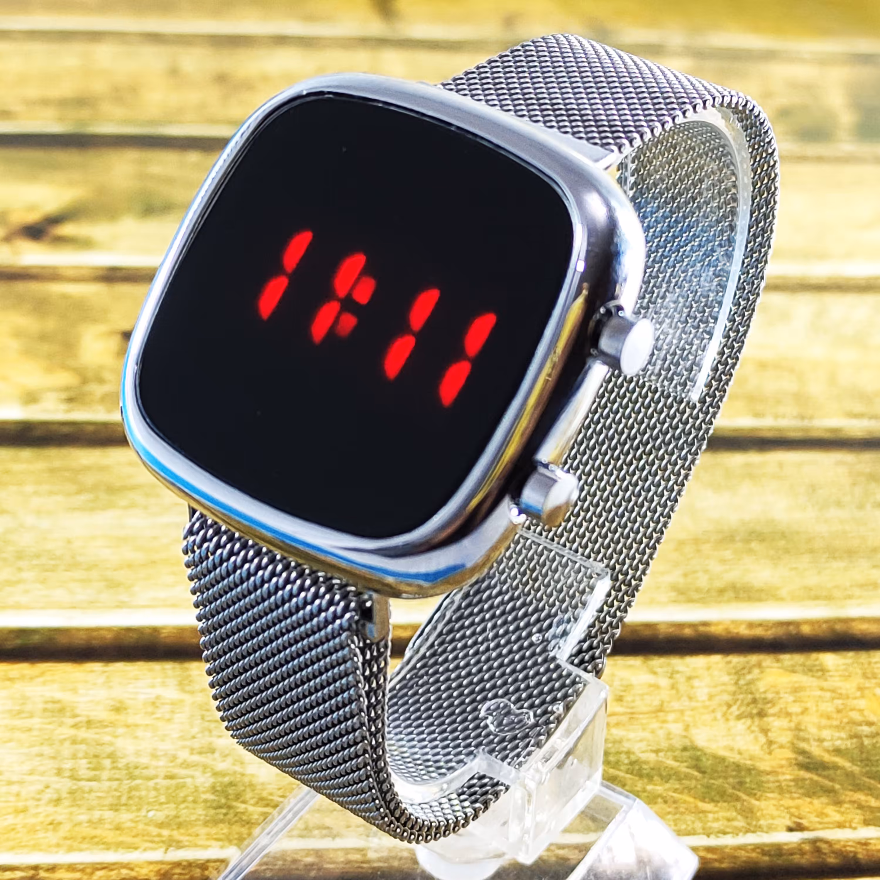 ساعت 2دکمه ای ال ای دی مربع بند حصیری مگنتی نقره ای