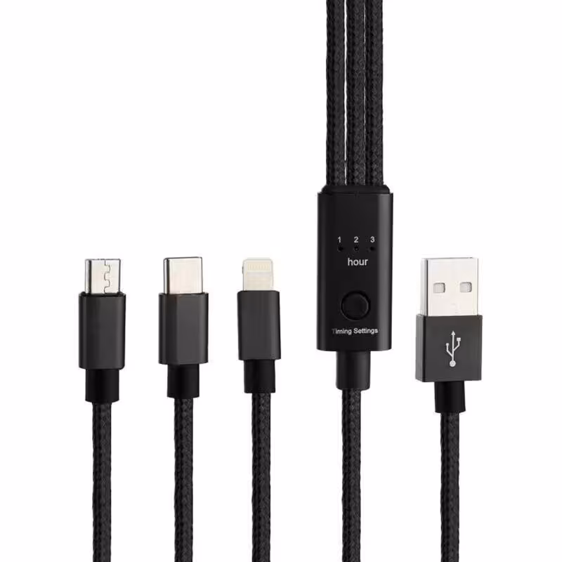 کابل شارژ تایمردار USB به microUSB - لایتنینگ - USB-C مدل QC-200 مشکی