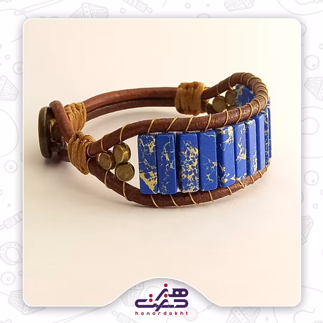 دستبند چرم و سنگ فیروزه آفریقایی