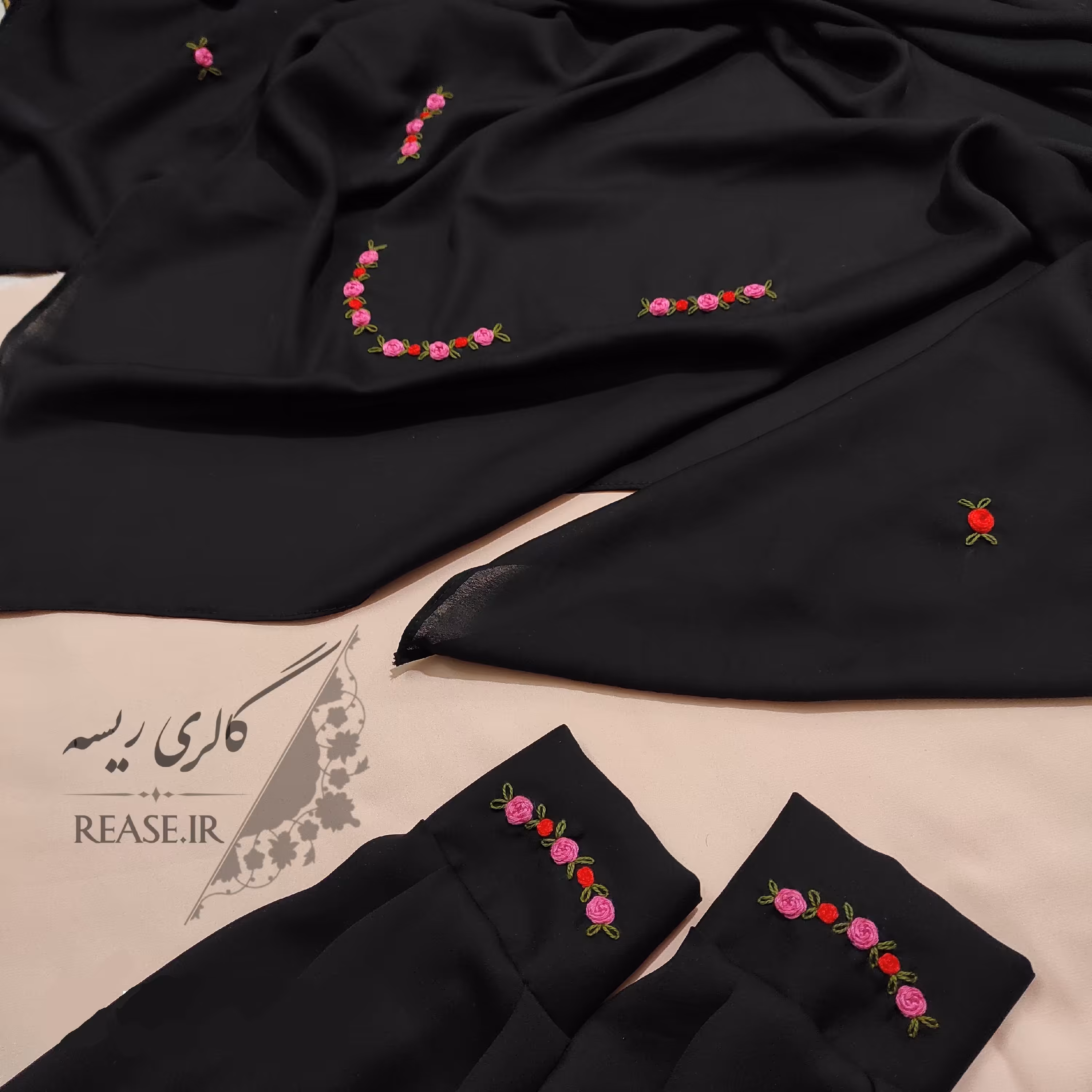ست ساق دست و روسری مشکی گلدوزی