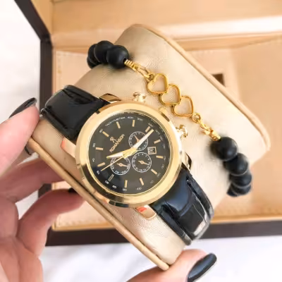 ست ساعت و دستبند مشکی طلایی