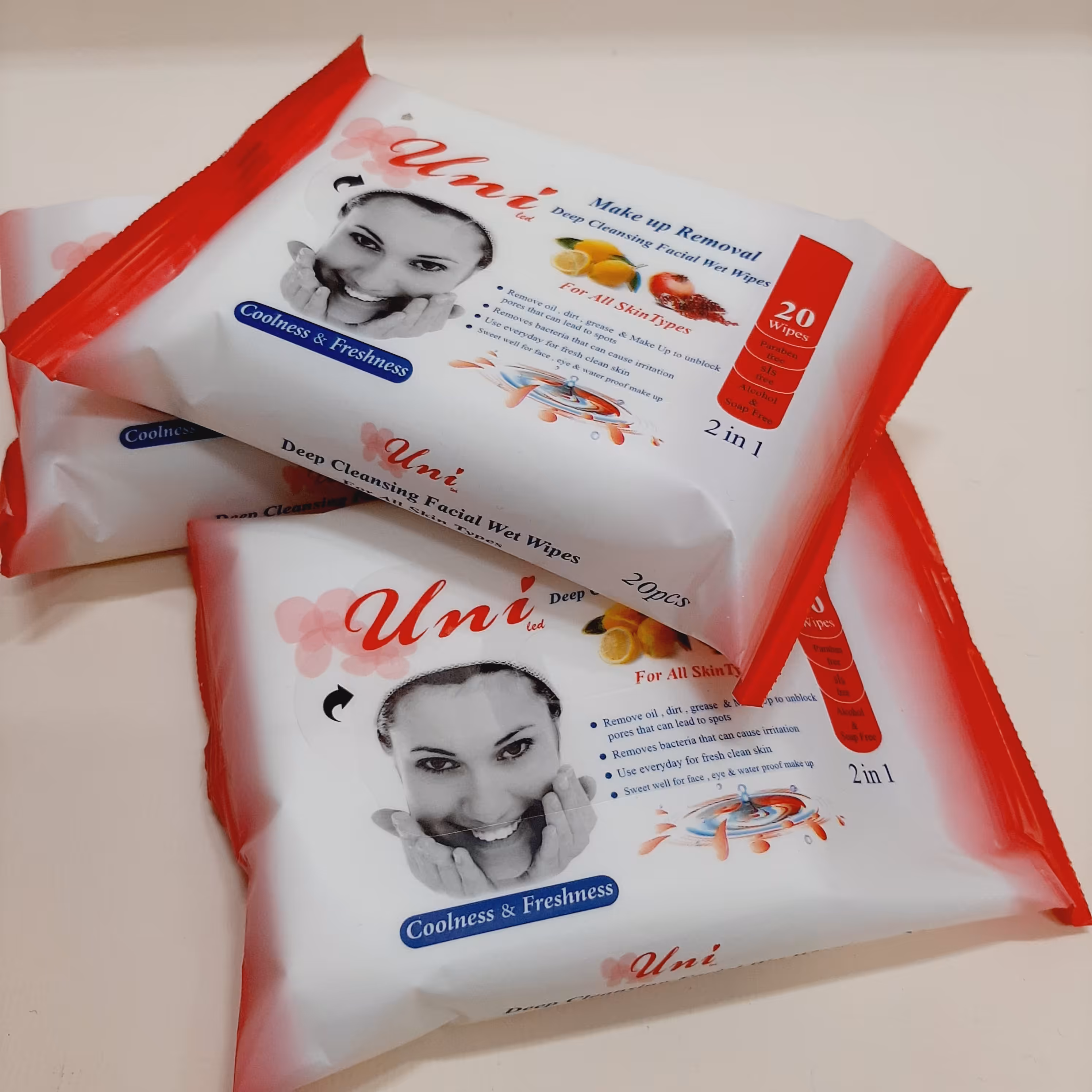 دستمال مرطوب آرایشی یونی لِد-انواع پوست-20 برگی