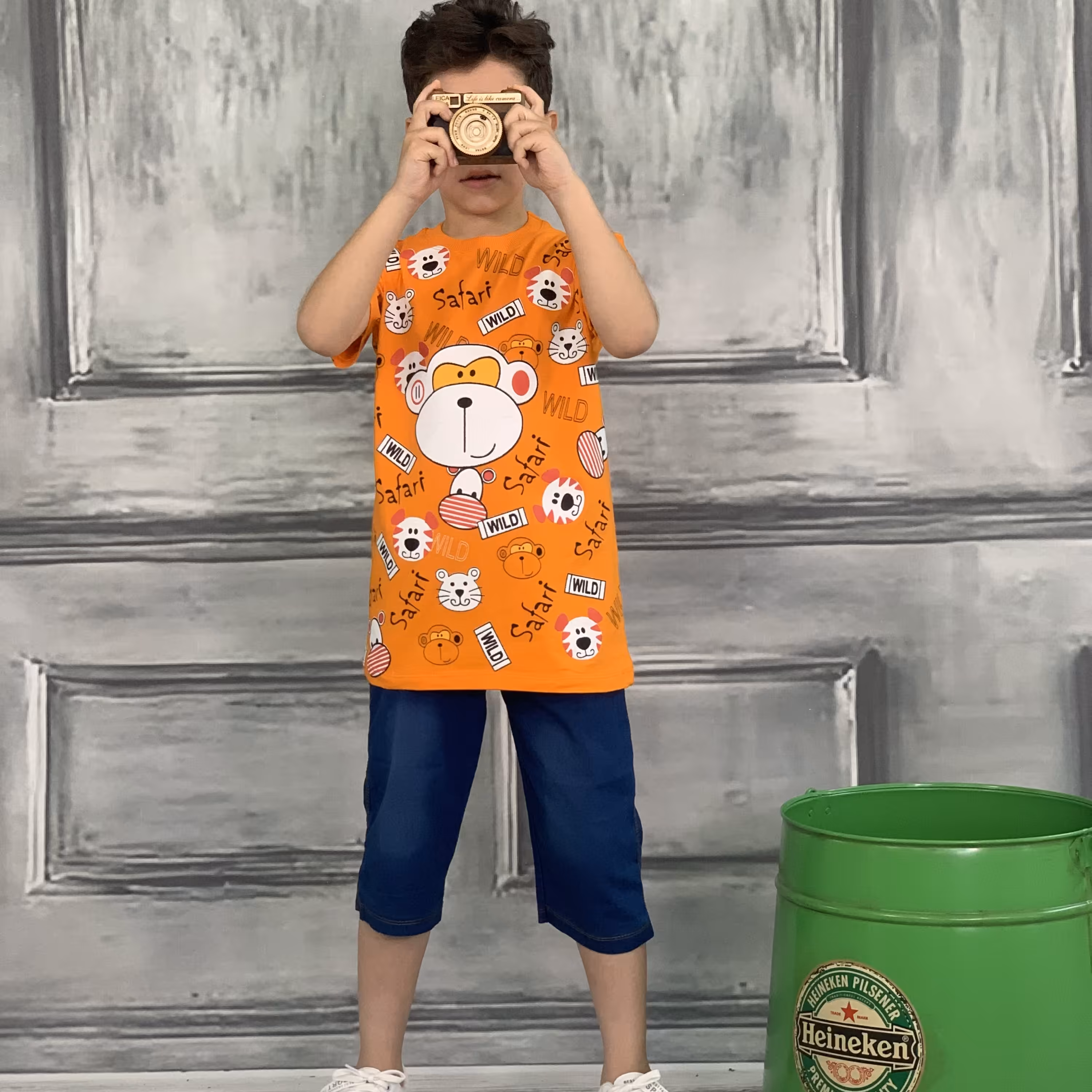 تیشرت و شلوارک لی پسرانه میمون سفید جنس تیشرت پنبه 