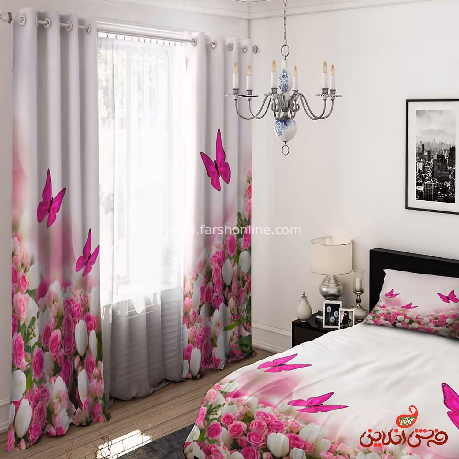 پرده 2 عددی کد 15503/1 طرح دشت گل و پروانه