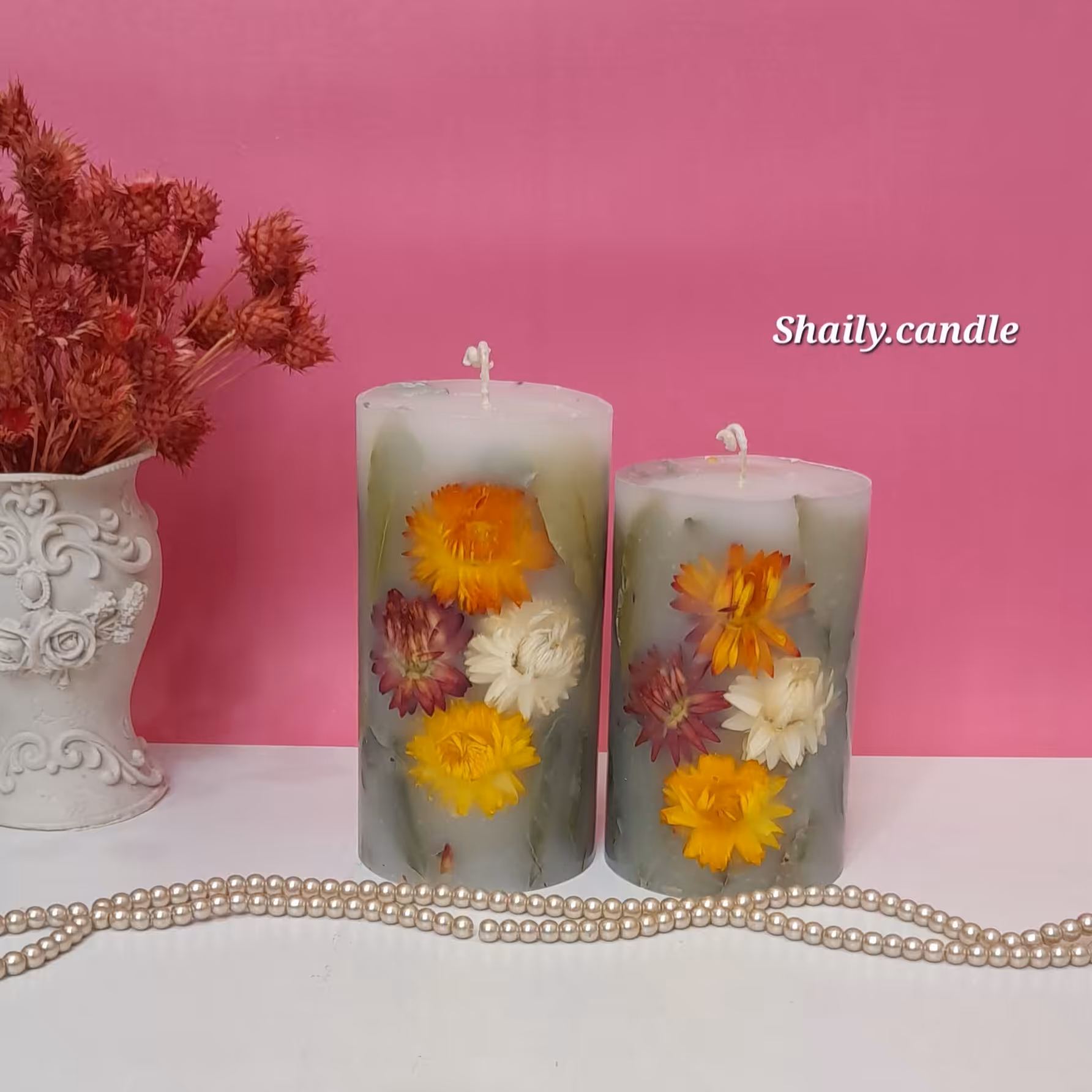 .ست شمع استوانه گل خشک قطر 7 و نیم ارتفاع 12 و 14