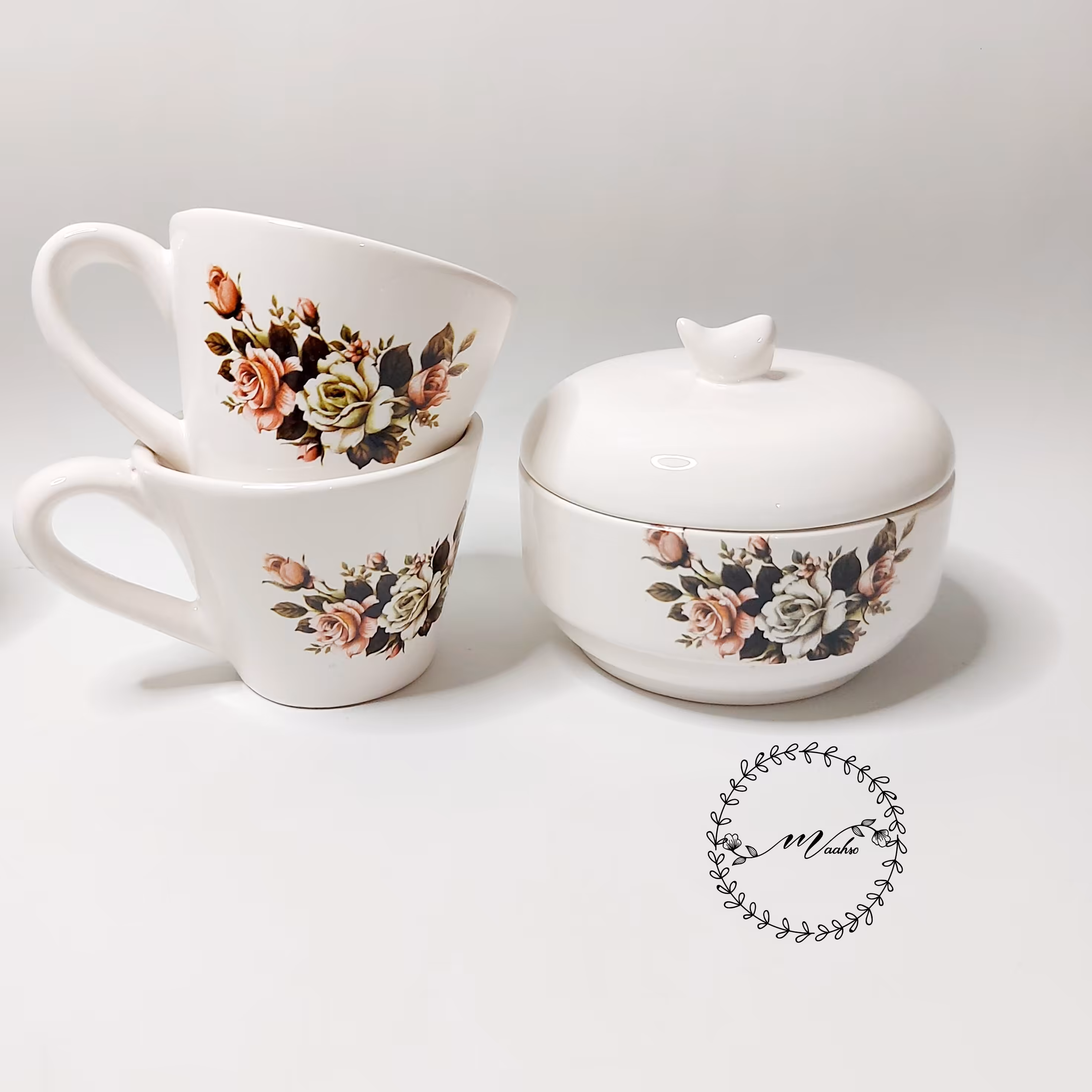 سرویس چایی خوری سرامیکی فنجان و نعلبکی و قندان کد 01