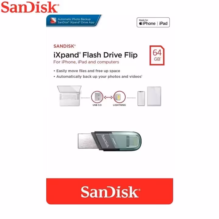 فلش 64GB  سان دیسک USB 3.1--Lightning   iXpand Flip
