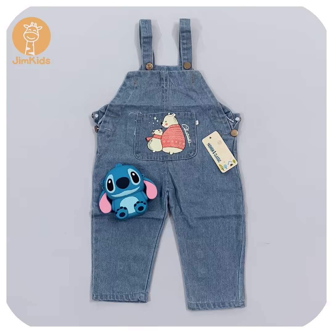 (شلوار پیش بندی)بیلر جین وارداتی  دخترانه و پسرانه آبی یخی  2 تا 8 سال