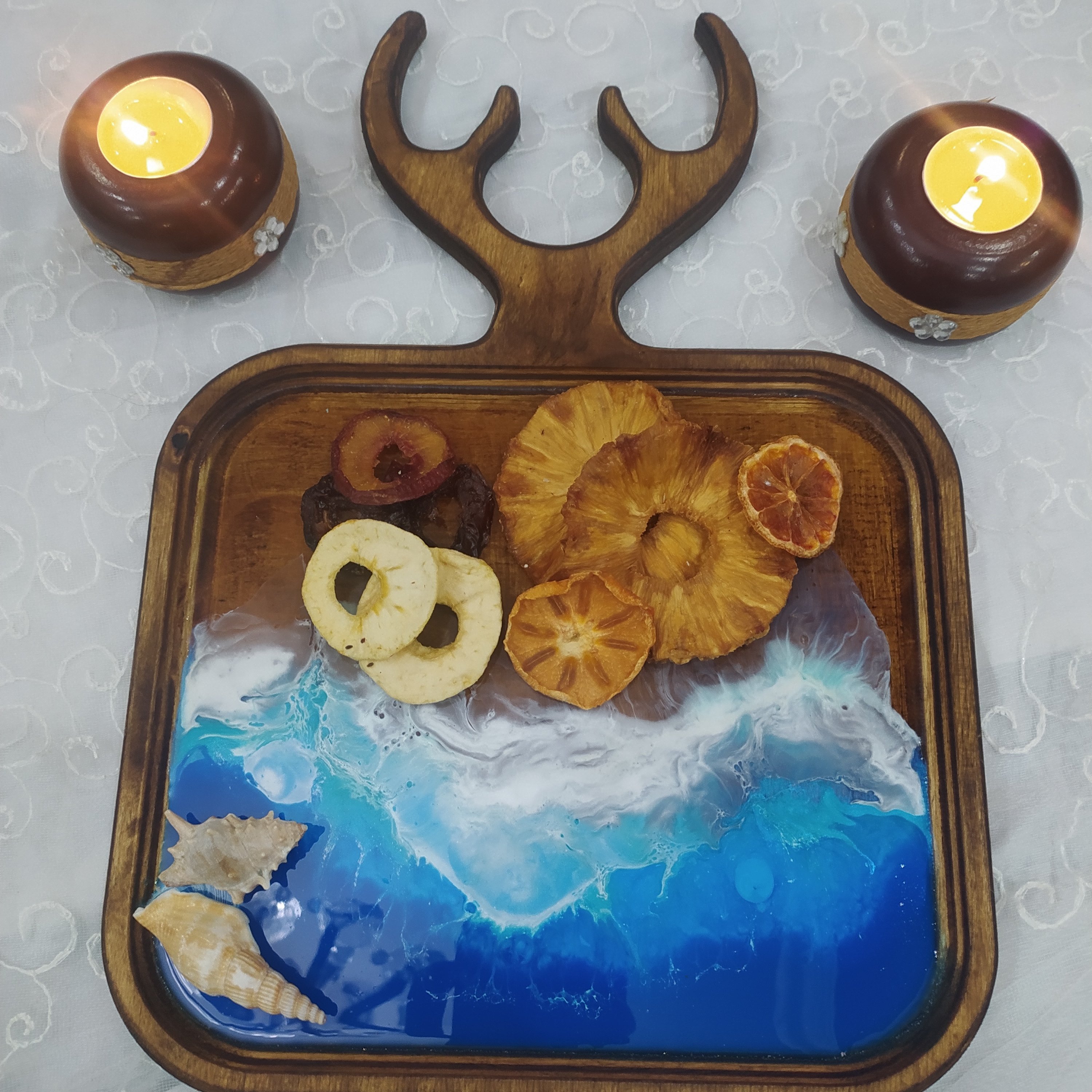 سینی پذرایی چوب و رزین  دریایی طرح شاخ گوزنی