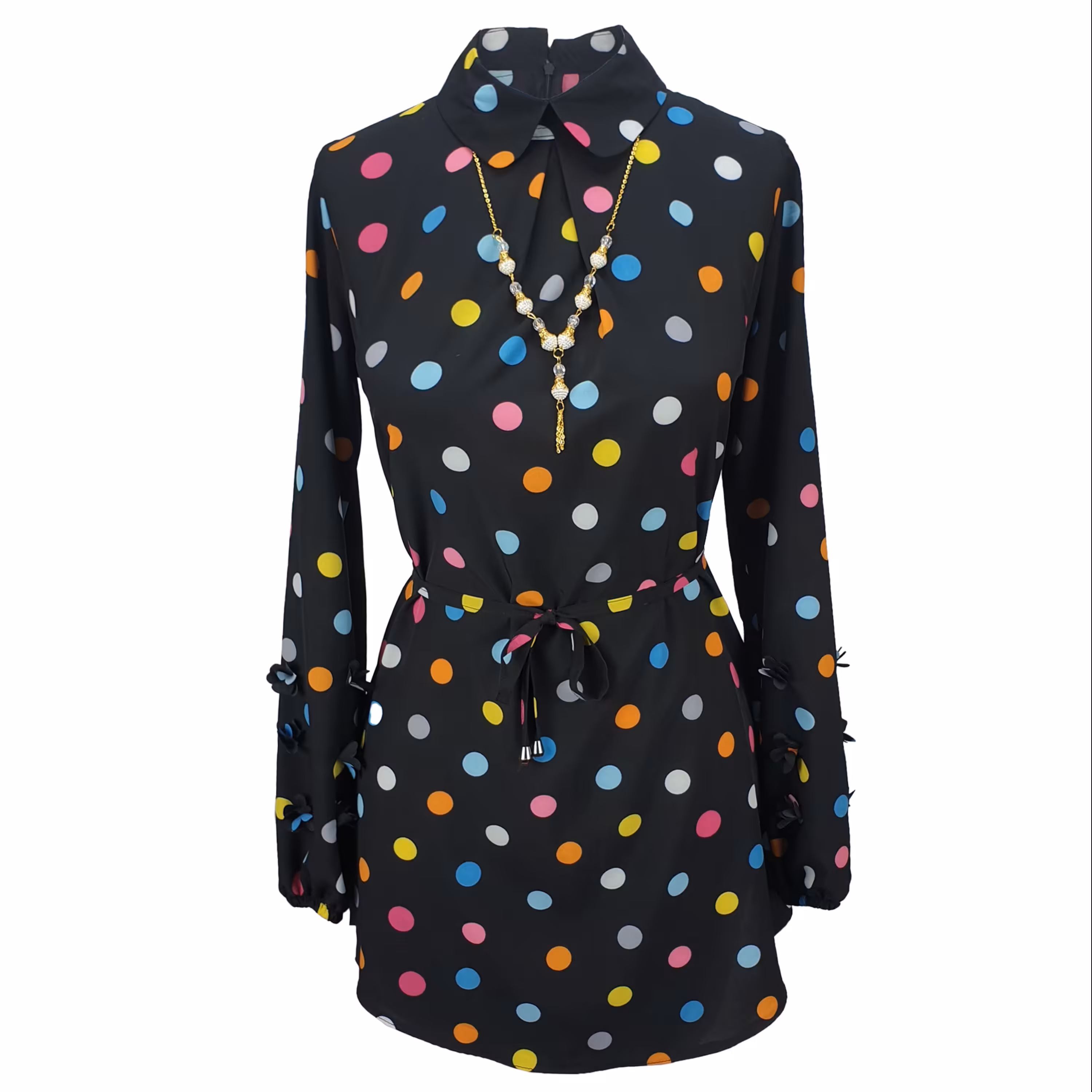 تونیک زنانه آستین شکوفه رنگ مشکی طرح خال خال رنگی سایز 44