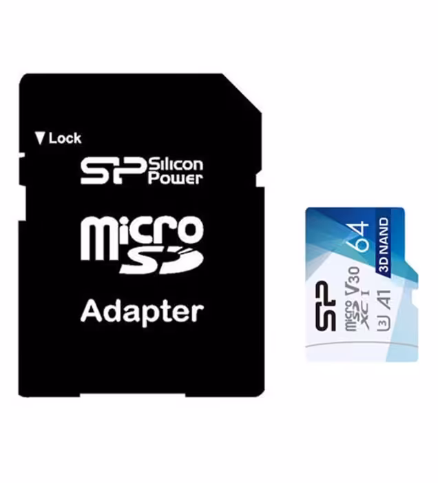 کارت حافظه 64 گیگابایت سیلیکون پاور microSDXC مدل U3 superior pro با سرعت 100 مگابایت در ثانیه به همراه آداپتور تبدیل