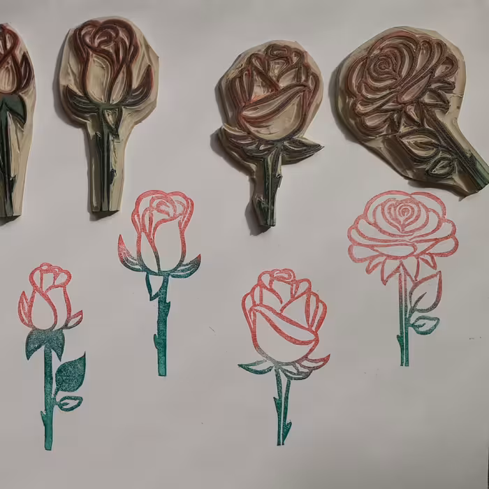 مهر دستساز لینولئوم، طرح گل و غنچه گل رز،مناسب چاپ کاغذ قابل سفارش به صورت تکی و باهم