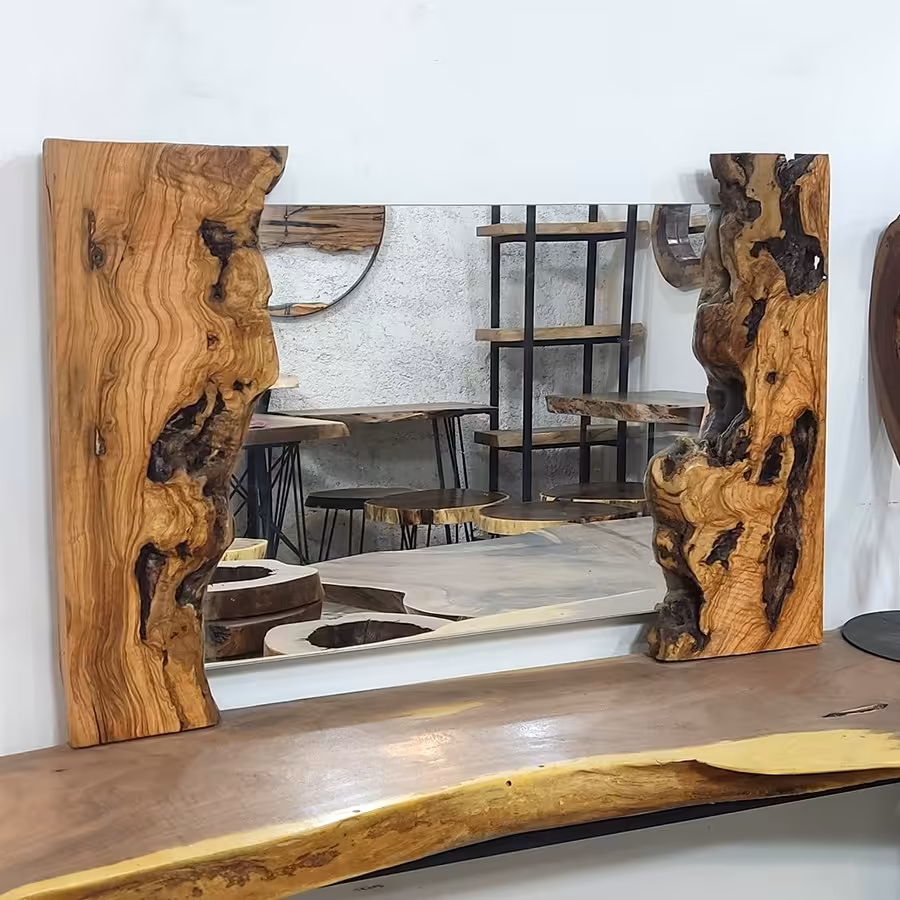 آینه دیواری روستیک از چوب درخت زیتون و فلز