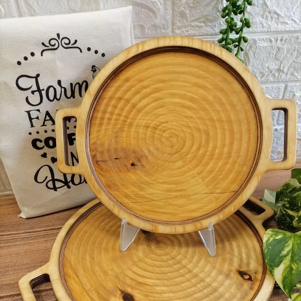 سینی گرد چوبی دو دسته پلای وود سایز کوچک