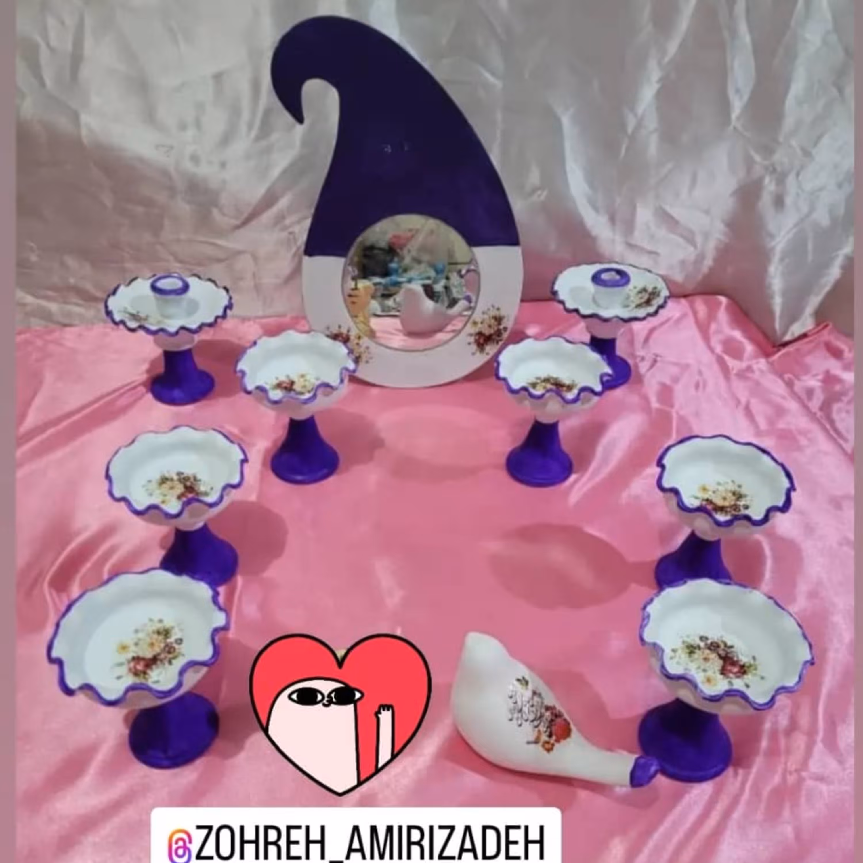 ست هفت سین  سفالی بنفش رنگ با آینه طرح ترمه چوبی