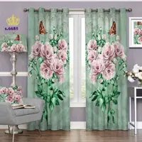 پرده پذیرایی دو قواره پانچ گلدار طرح دسته گل و پروانه کد S6685