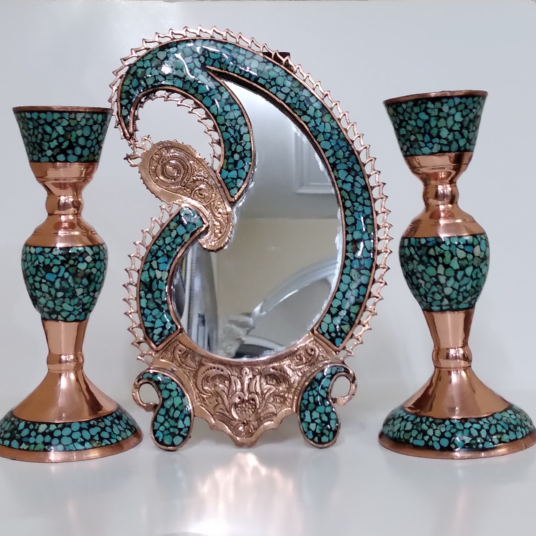 ست آینه و شمعدان فیروزه کوبی صنایع دستی لوکس