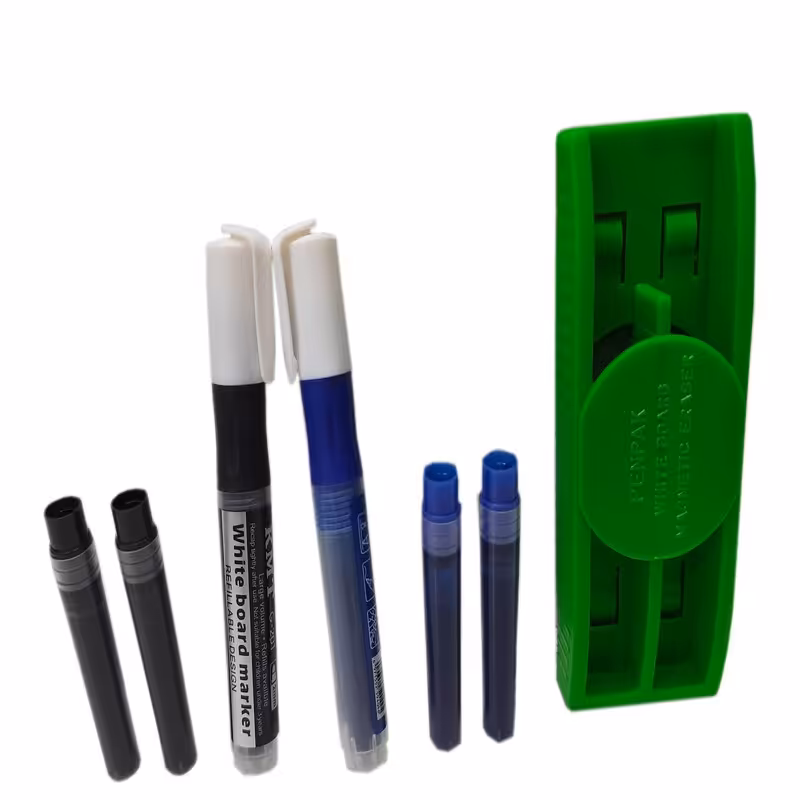 ماژیک وایت برد مدل شارژی به همراه تخته پاک کن و جوهر یدک مجموعه 7 عددی