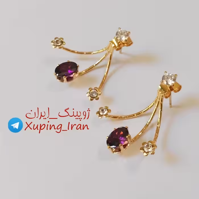 گوشواره ژوپینگ دوتکه طلایی نگین بنفش Xuping