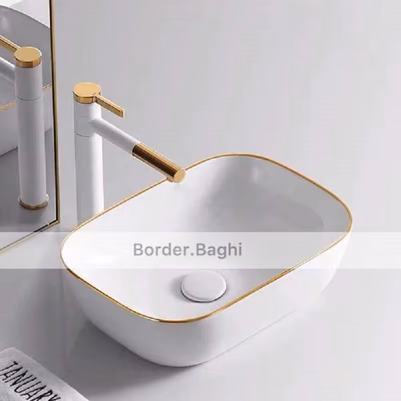 کاسه روشویی  مدل سفید لب طلایی مستطیل کوچک لب گرد