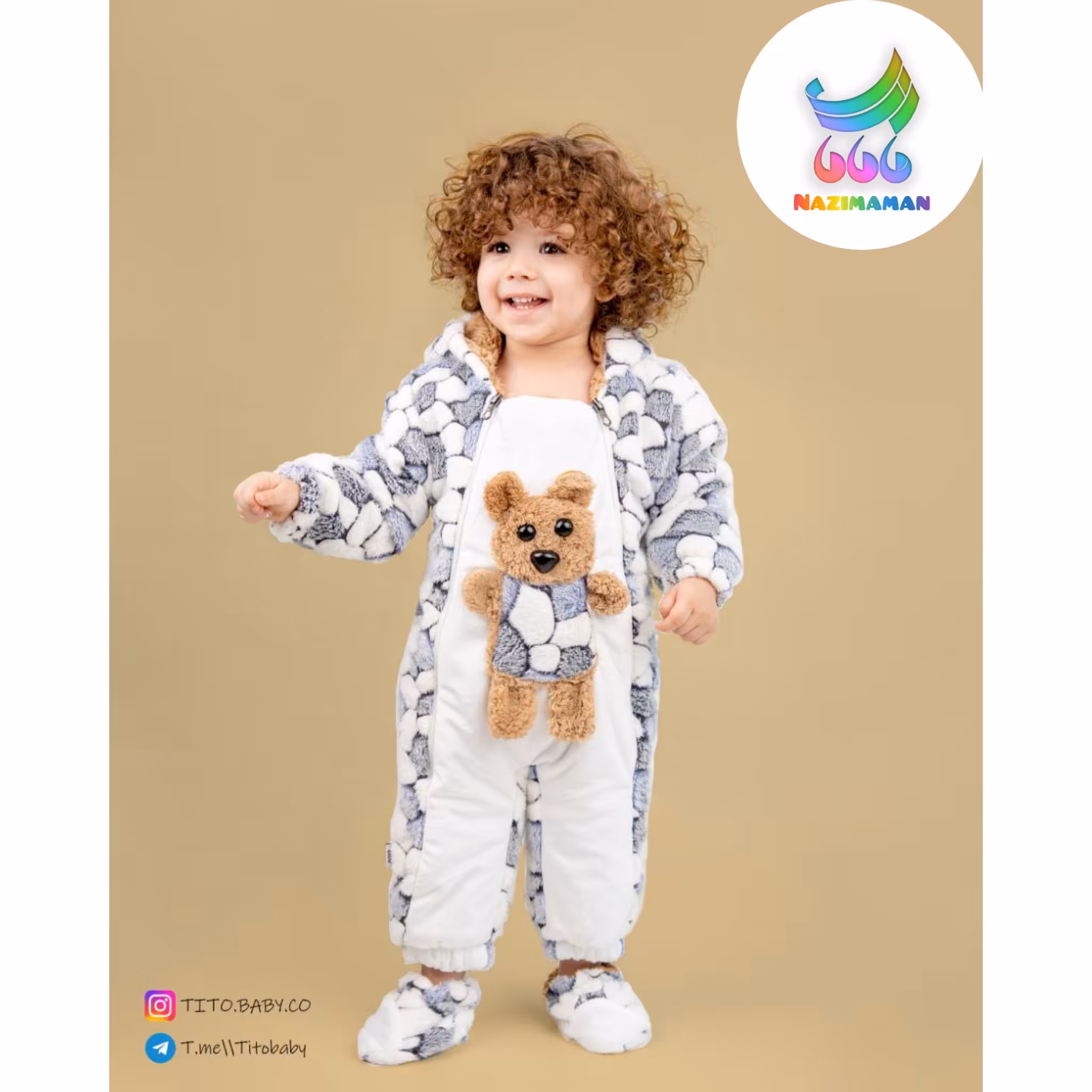 کاپشن سرهمی کودک و نوزاد  دو زیپ طرح خرس با پاپوش