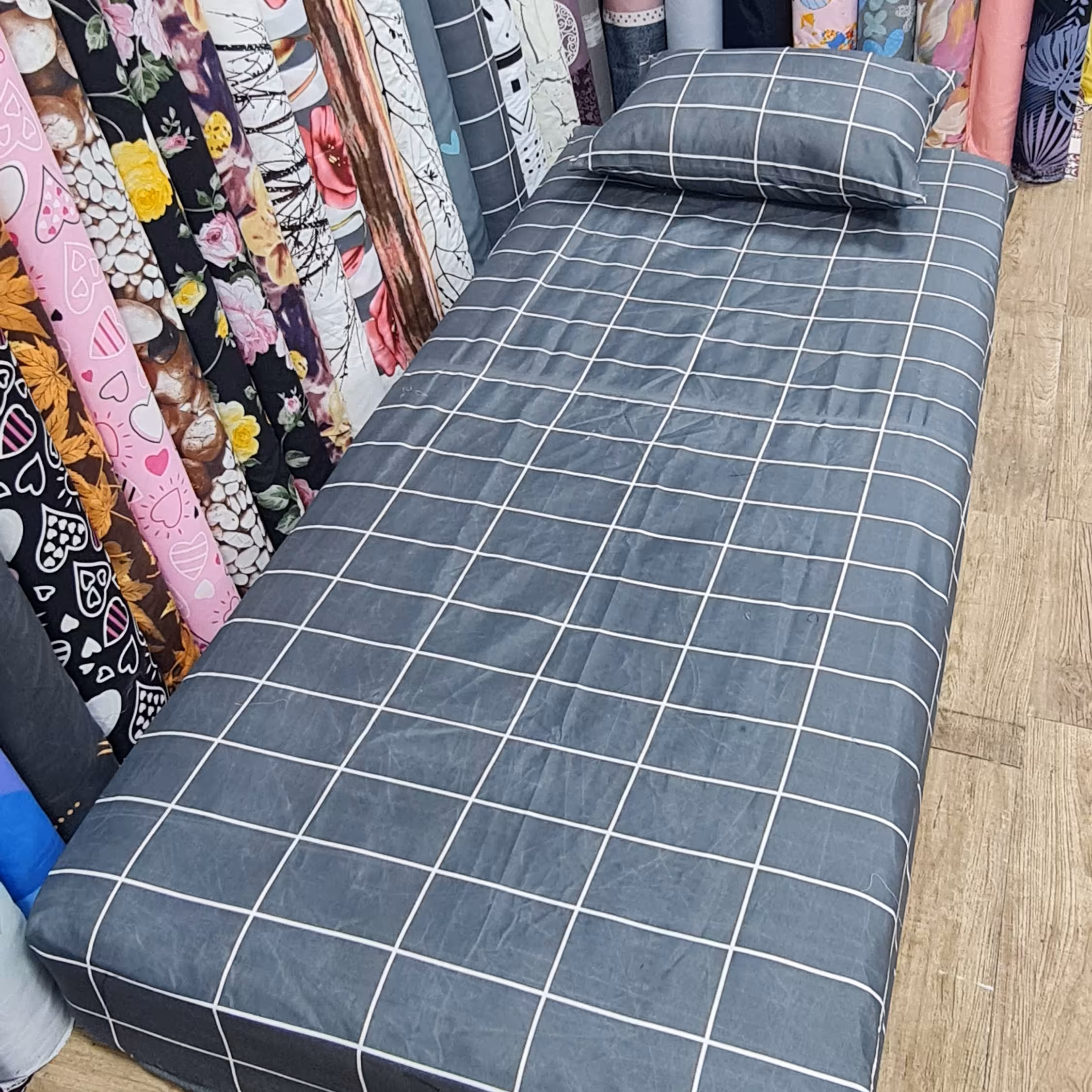 روتختی نیم ست ملحفه کشدار خوشخواب تکنفره دوتکه طرح چهارخانه طوسی