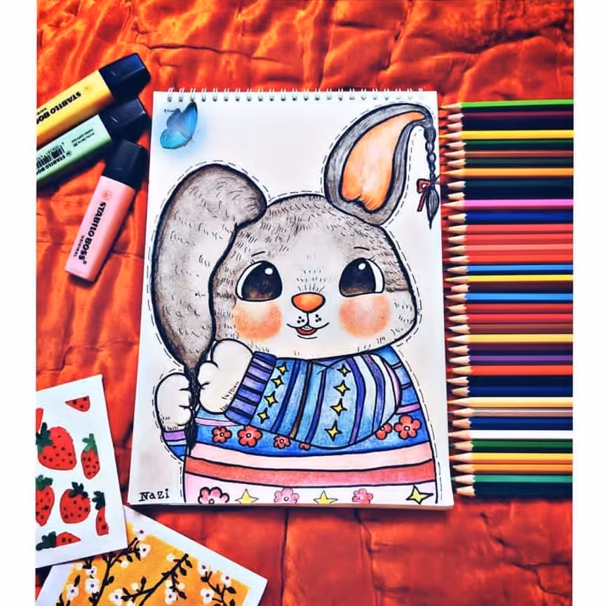 تابلوی نقاشی خرگوش تپلی کارشده با مدادرنگی 