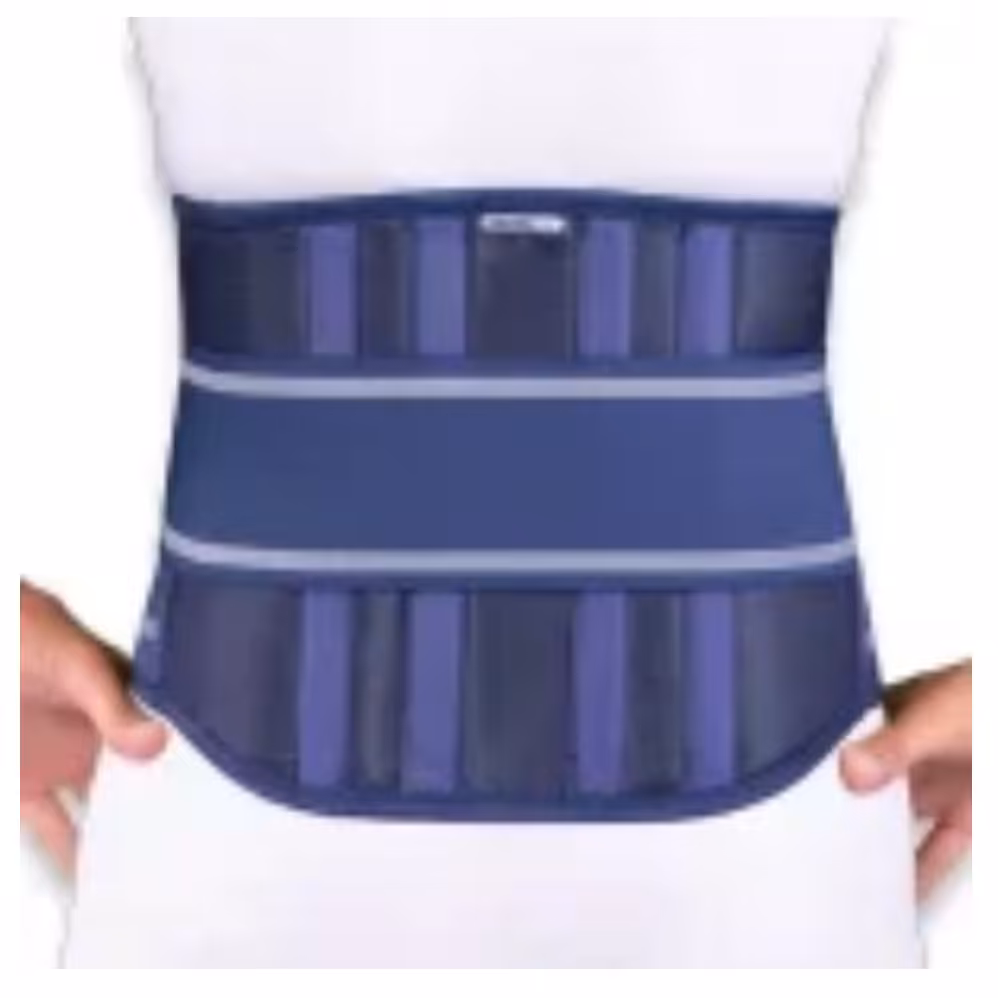 کمربند طبی  آتل دار  ( 4 عدد آتل نرم ) تنی یار  همراه با کش دوبل رنگ سورمه ای 