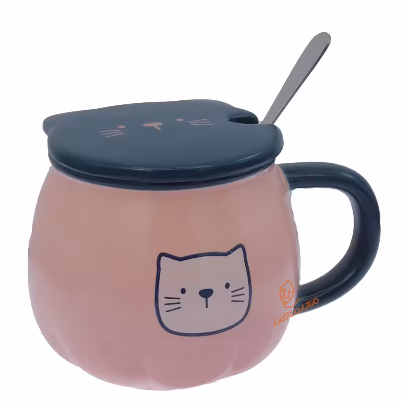 ماگ صورتی سبز درب دار طرح گربه