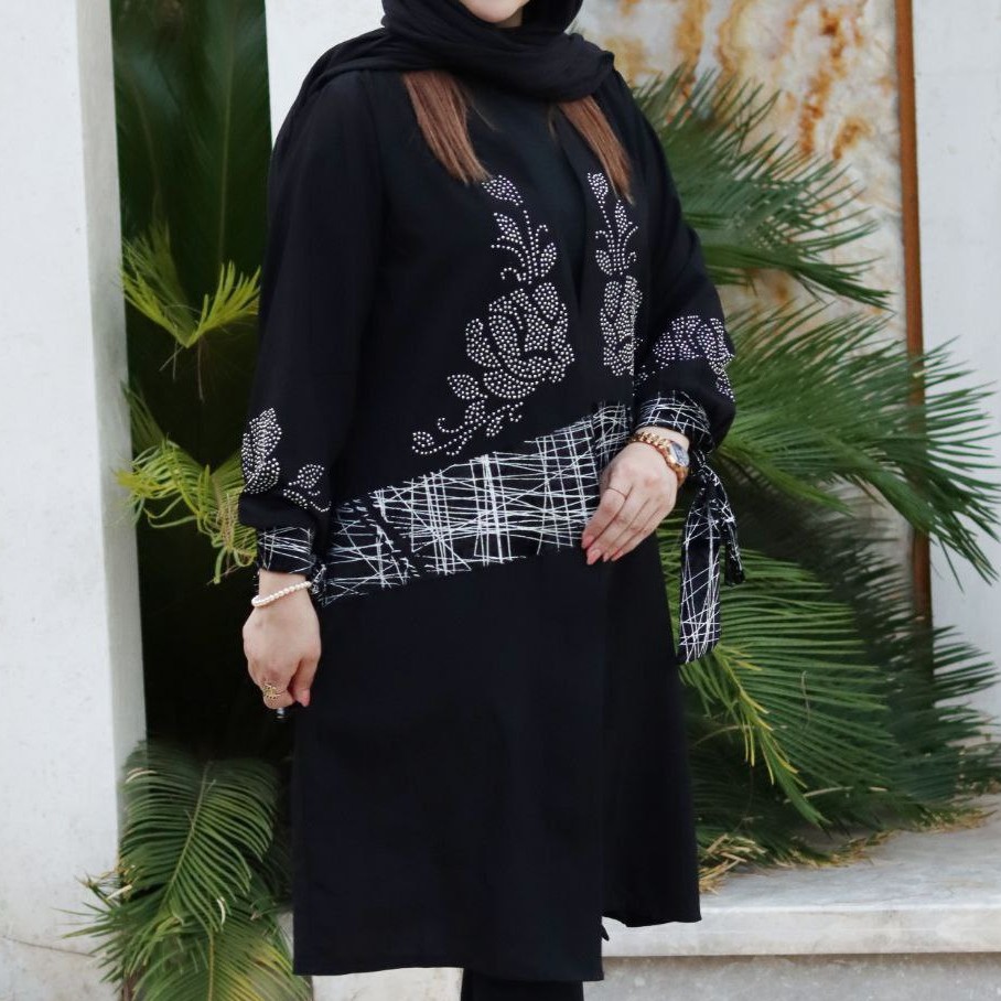 مانتو مجلسی زنانه جنس سوپر نخ کشی درجه یک خرجکار دیسکوئی و نگین نقره ای
