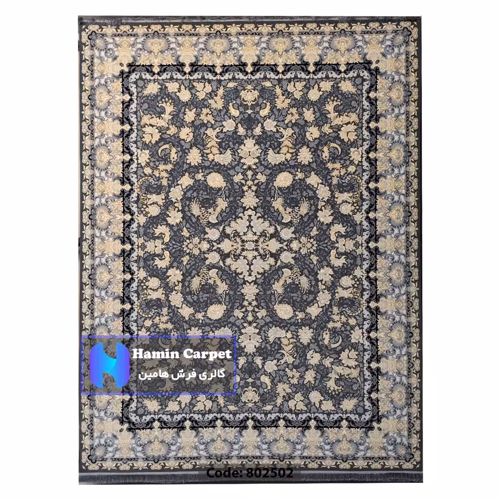 فرش 12 متری 700شانه تراکم 2550 نخ آکلریک رنگ زمینه متالیک طلا کوب کد AR802502