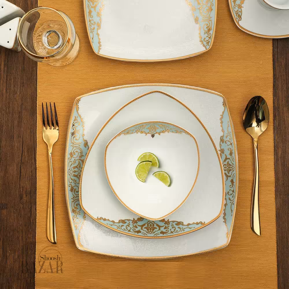 سرویس 76پارچه چینی پردیس طرح سوگند فیروزه ای 8 نفره