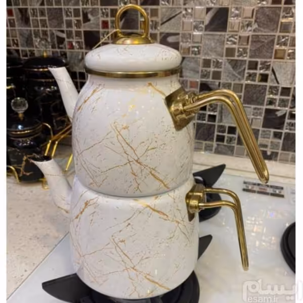 کتری و قوری لعابی پاچی ماربل سفید