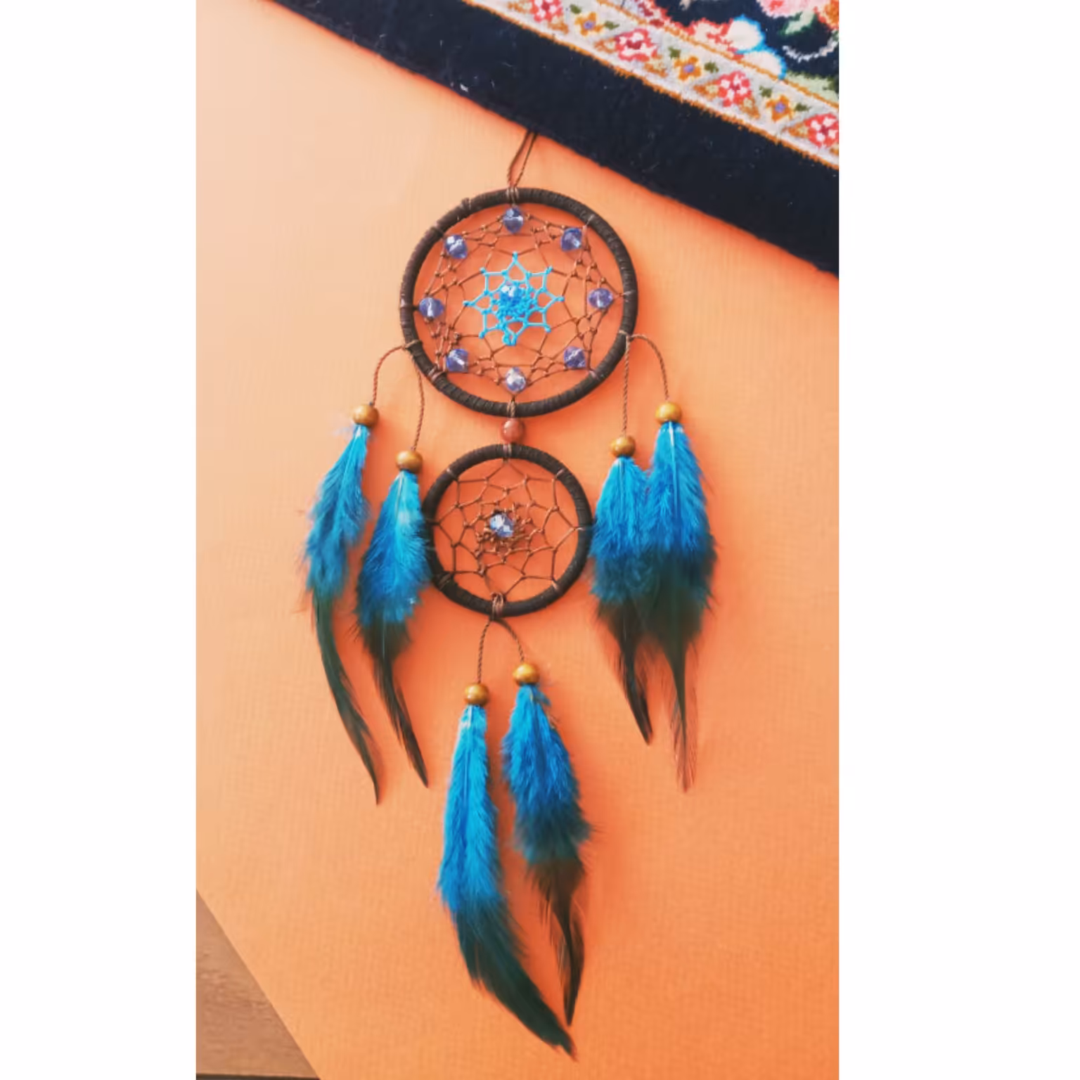 آویز ماشین یا دیوارکوب دریم کچر (کابوسگیر )با پرهای طبیعی زیبا و مهره کریستال هدیه دست ساز خاص