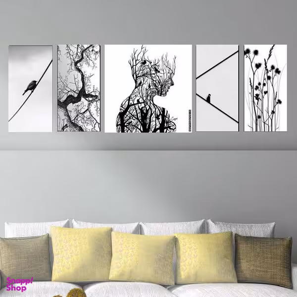 تابلو شاسی بکلیت طرح نقاشی مدرن درخت و پرنده مدل SH-1920 مجموعه 5 عددی