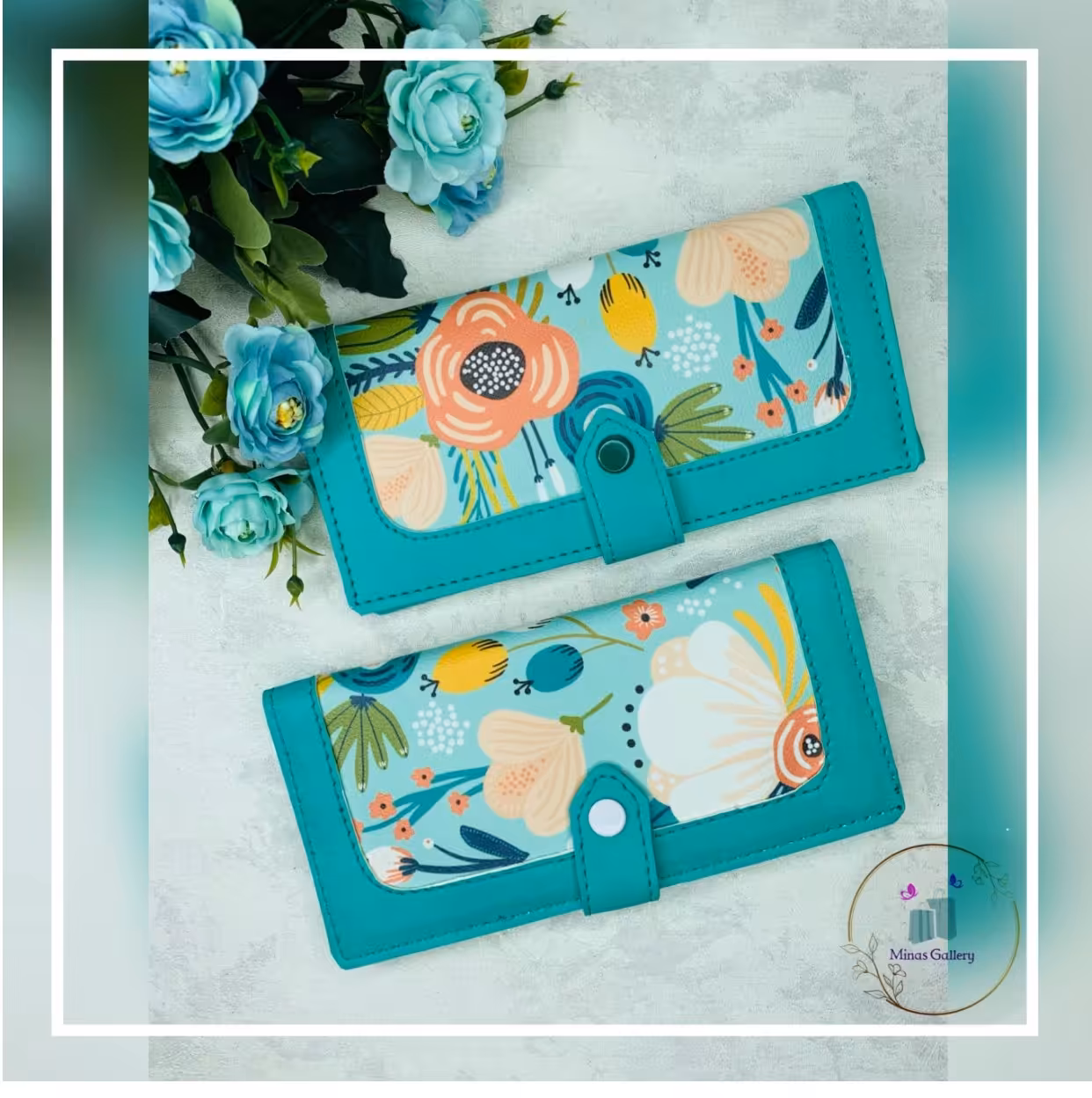 کیف پول چرم  - طرح گل پیونی - فیروزه ای ( کد 320 )