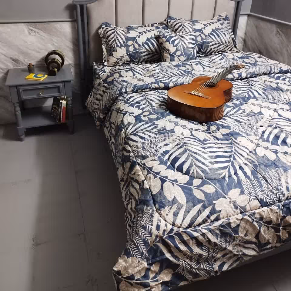 روتختی دونفره طرح برگ آبی دورو  6 تیکه