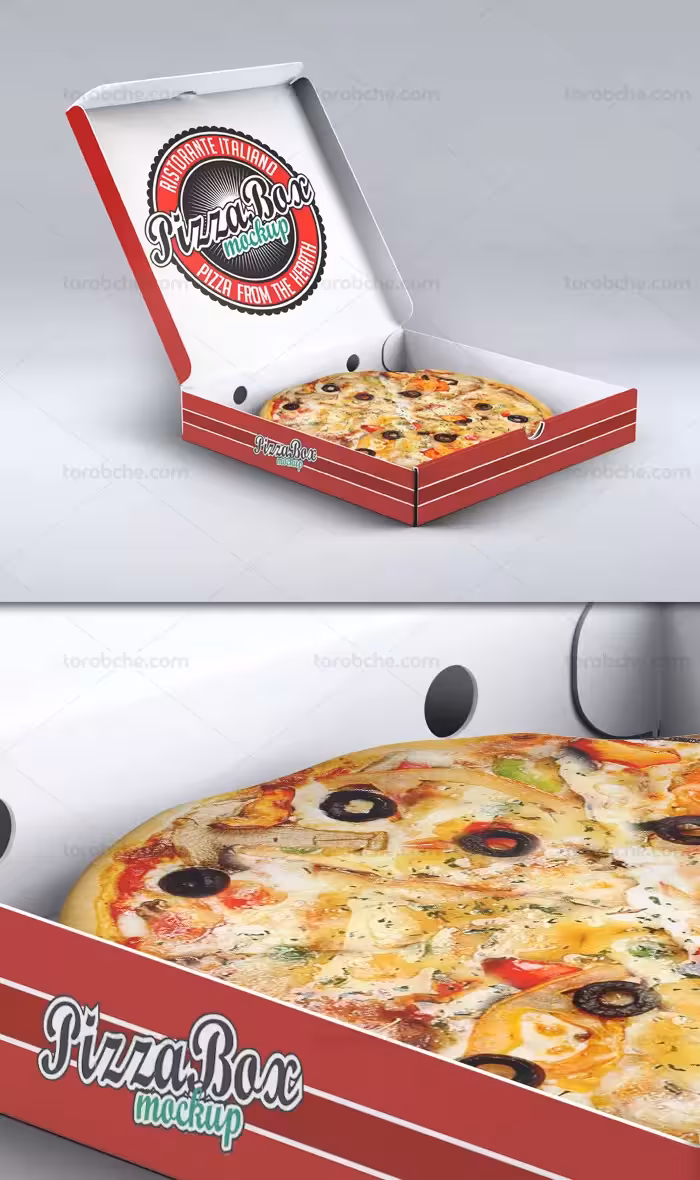 طرح لایه باز موکاپ جعبه بسته بندی پیتزا | گرافیک با طعم تربچه