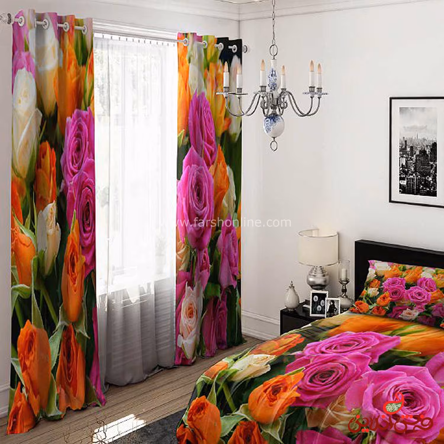 پرده 2 عددی کد 15437/1 طرح گل‌های رز