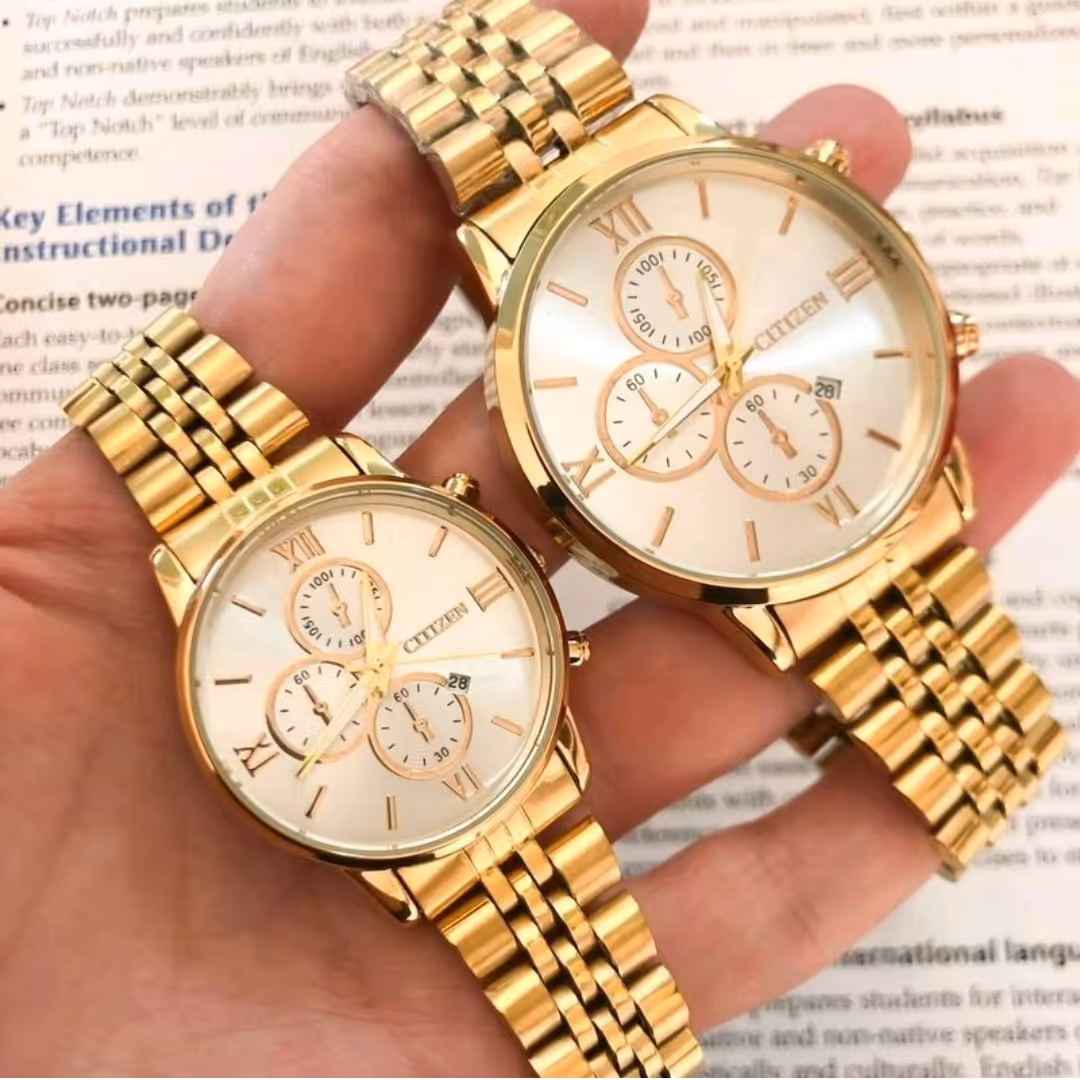 ساعت ست مردانه و زنانه ستیزن 6ماهگارانتی موتور باکارت ضمانت صفحه سفید بند استیل طلایی رنگ ثابت 38و28میل