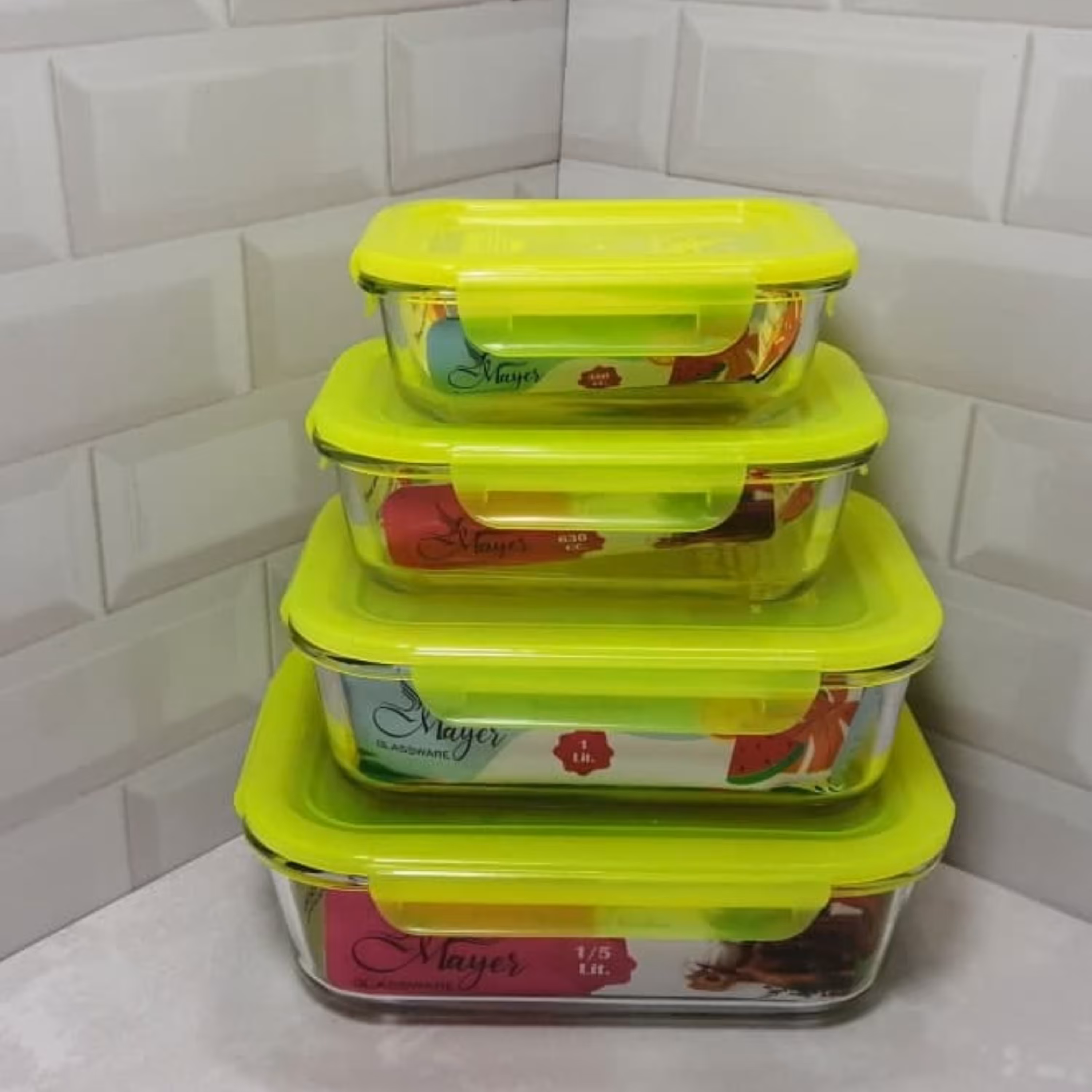 ظرف فریزری شیشه ای 4تیکه 1ونیم لیتر 1لیتر 350سی سی 630سی سی درب قفلی  