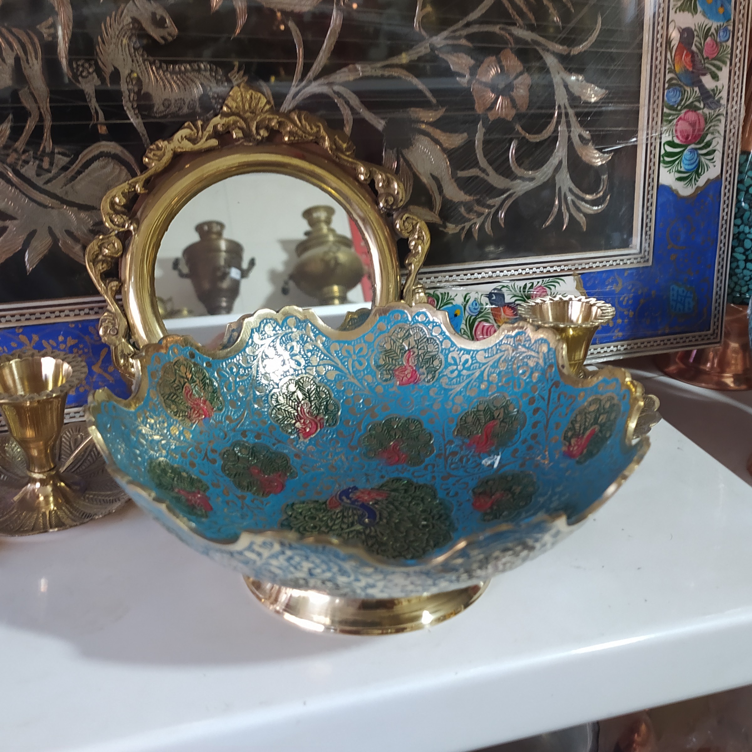 ظرف پذیرایی آجیل وشکلات برنجی هندی میناکاری ابی فیروزه ای