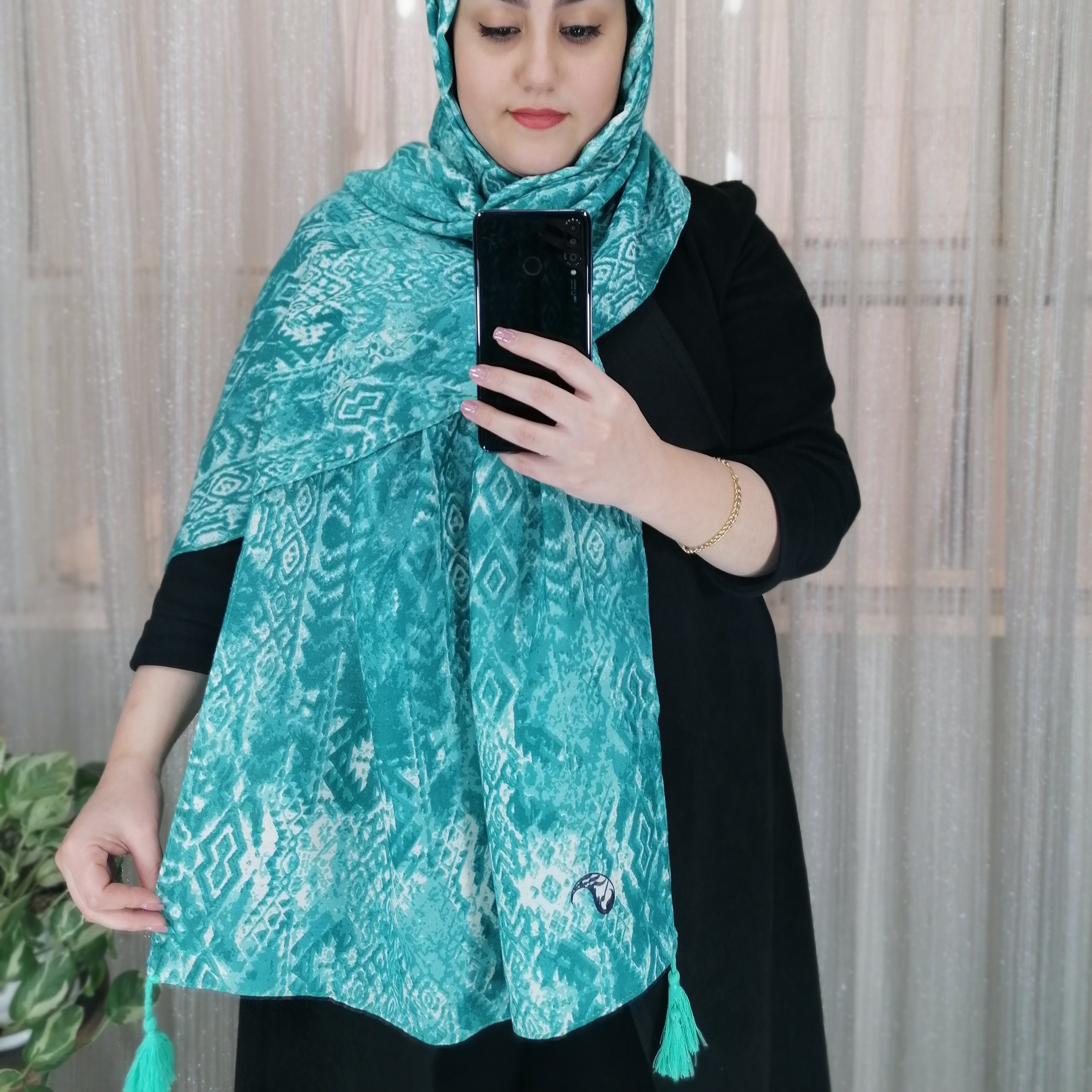 شال نخی منگوله دار سبزآبی