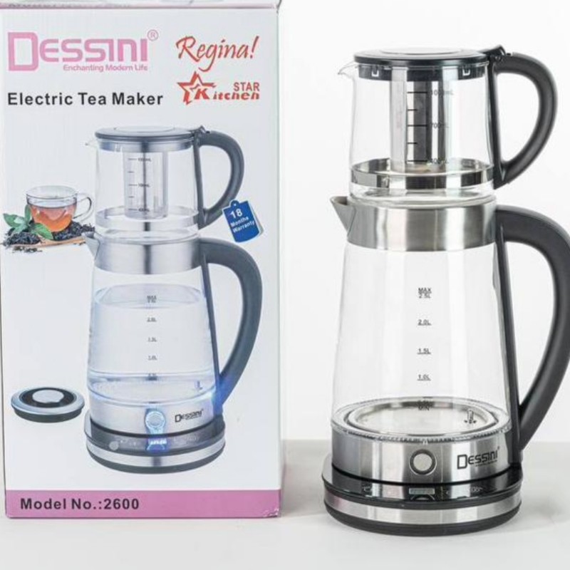چای ساز روهمی دسینی مدل dessini 2600 ظرفیت کتری 25 لیتر ظرفیت قوری 10 لیتر جنس پیرکس 