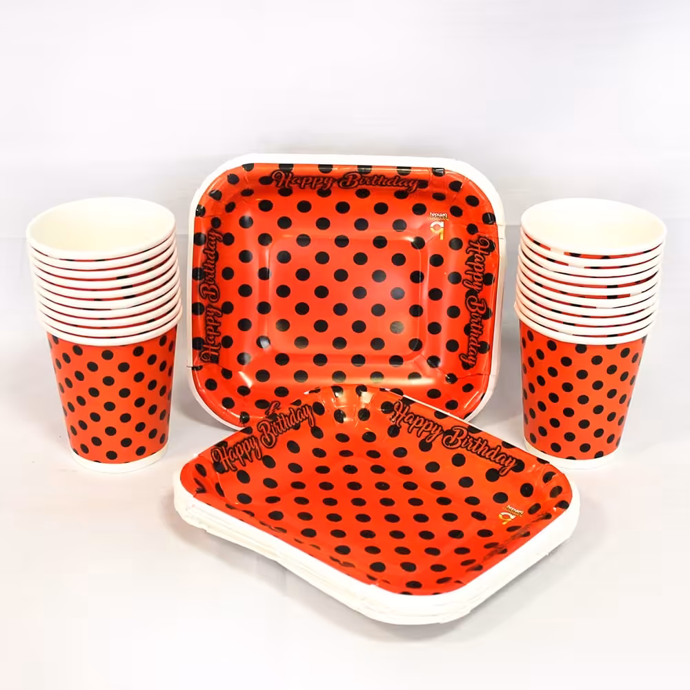 بشقاب و لیوان تم خالدار قرمز مشکی (بشقاب 12 عدد لیوان 12 عدد)