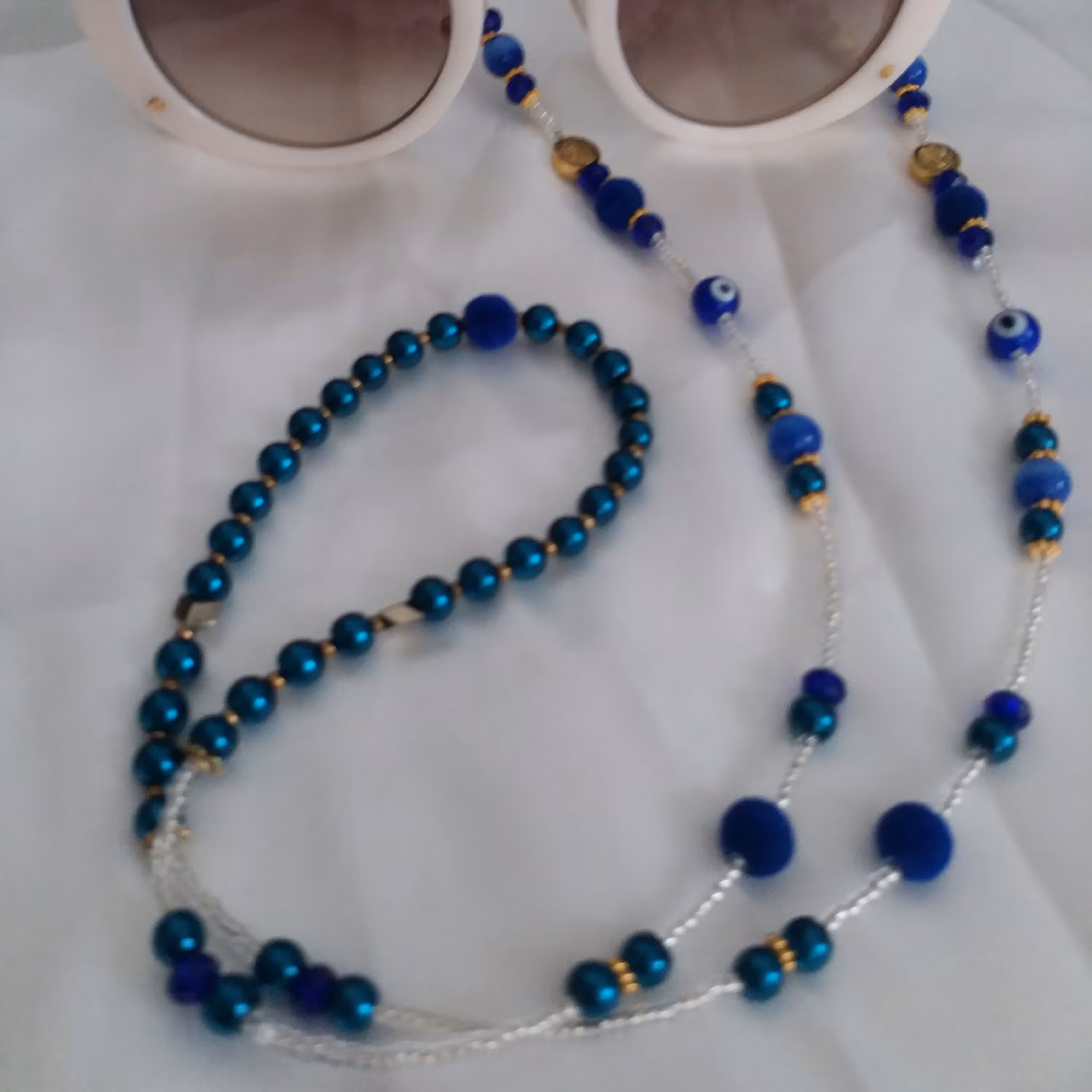 بندعینک مرواریدی وخرجکاریه رنگ آبی کاربنی خاص