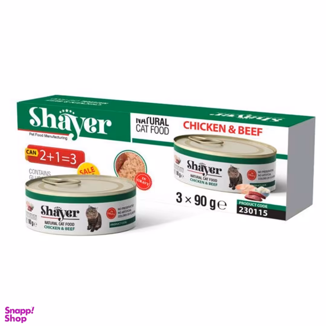 کنسرو غذای گربه شایر مدل مرغ و گوشت وزن 90 گرم بسته 3 عددی