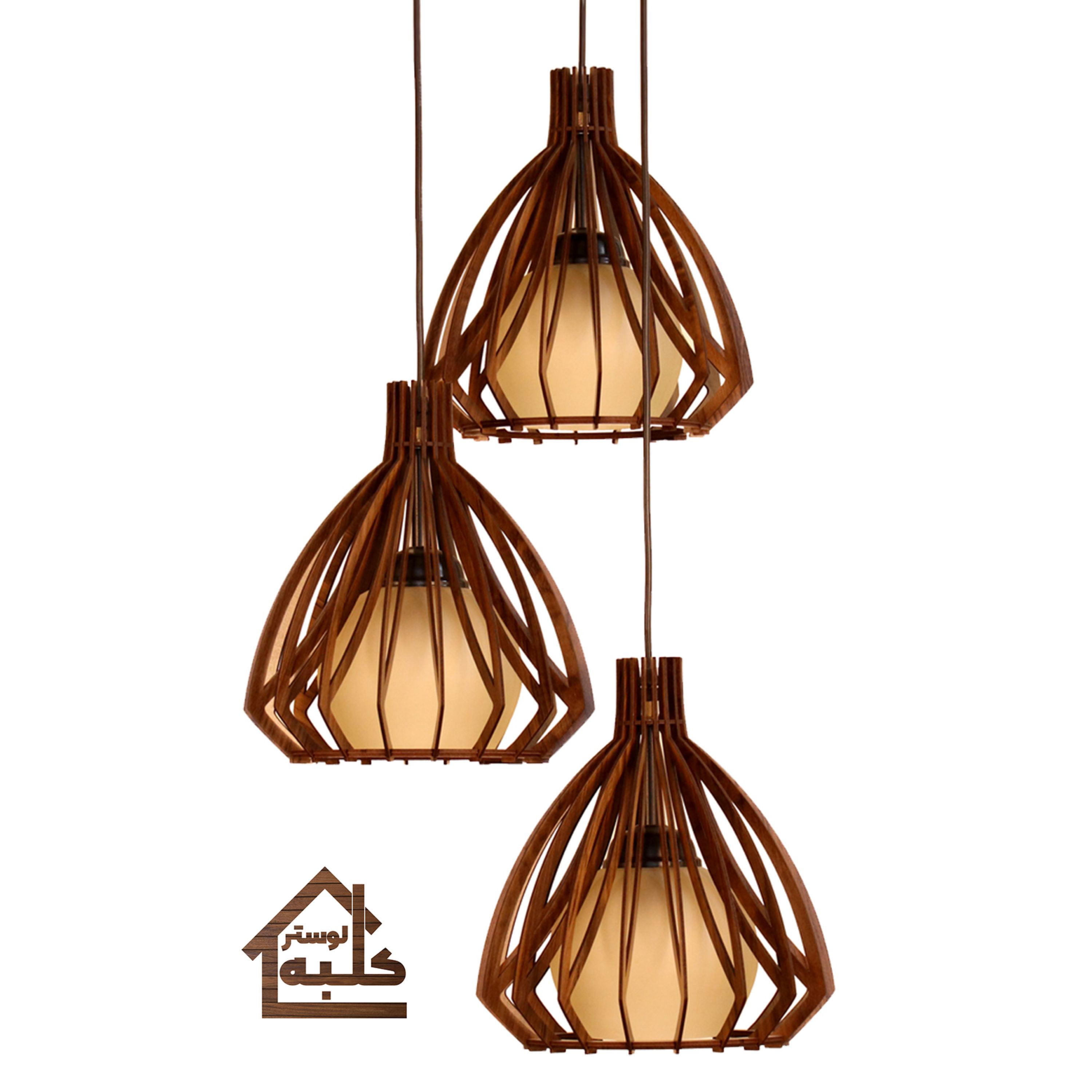 لوستر آویز چوبی  مدل p49 سه شعله سایز 40 در 40 قابل تنظیم ارتفاع