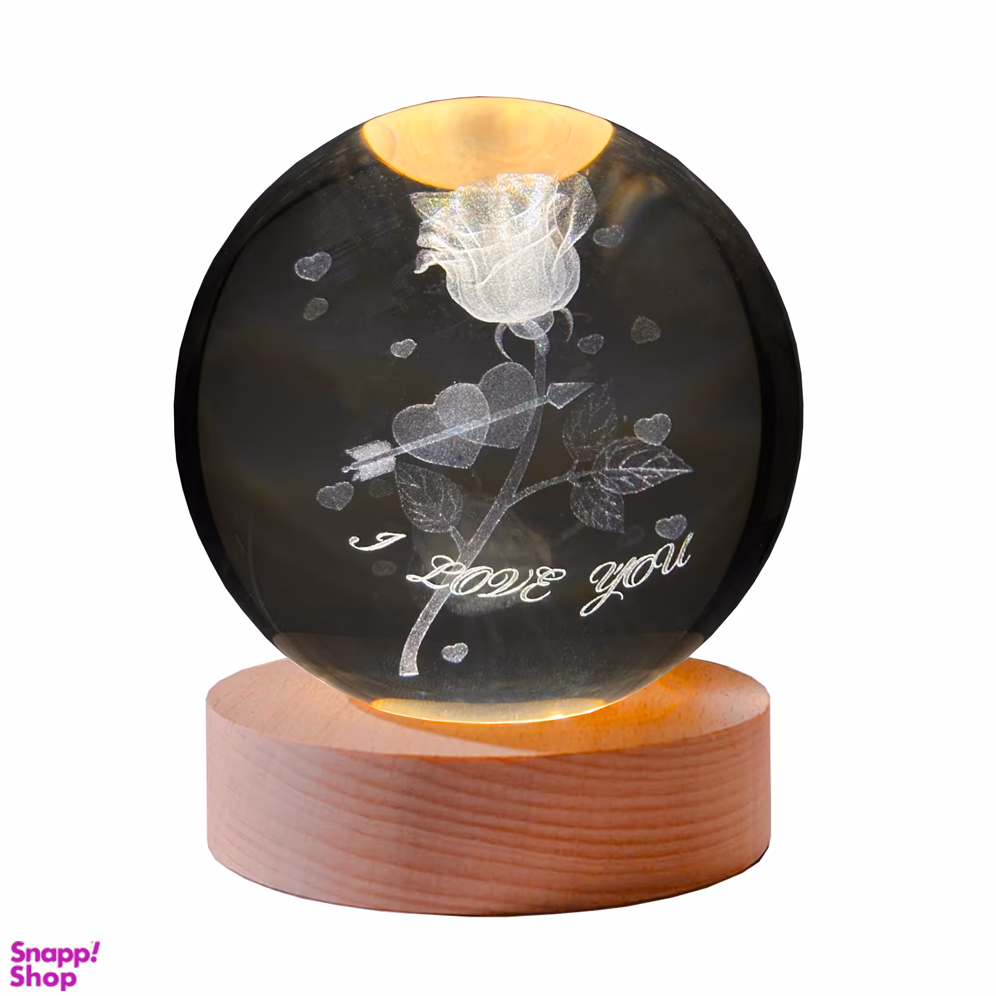 چراغ خواب طرح گوی کریستال 3 بعدی مدل گل رز عاشقانه