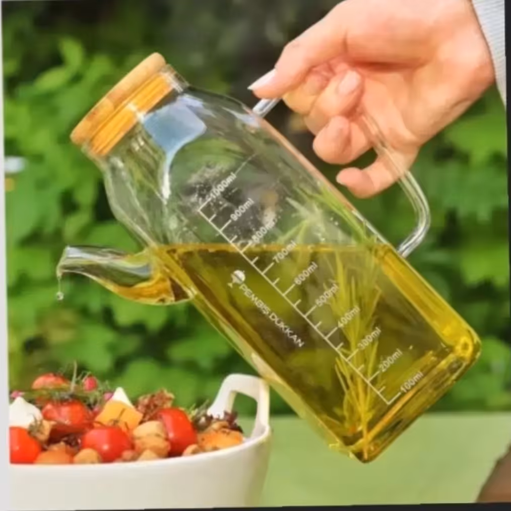 جاروغنی پیرکس مدرج یک لیتری چهارگوش درب بامبو با کیفیت عالی (روغن ریز 4 گوش پیرکس) 